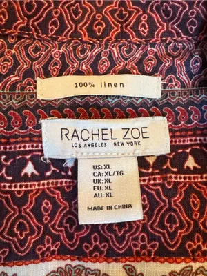 Rachel Zoe Short-Sleeve Linen Button-Down Shirt in Burgundy and Blush Pattern xl thumbnail 5