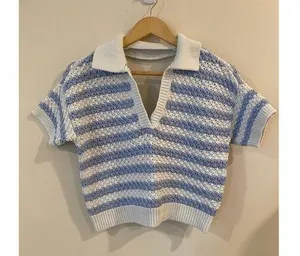 Anthropologie Maeve Knit Open Back Top Blue and White Stripe Sz XXS thumbnail 1