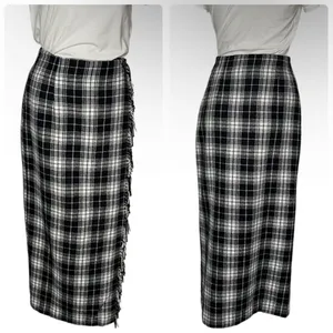 CAMBRIDGE COUNTRY Plaid Skirt Black White Wrap Fringe Edge Midi Size 6 VINTAGE thumbnail 9
