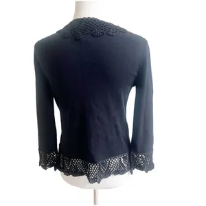 Joseph A. Vintage Knitted Cardigan Size Small Black Crochet Tie Front Whimsygoth thumbnail 2