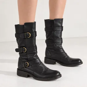Steve Madden Buck Boots Womens 7.5 Black Leather Triple Buckle Moto Biker Y2K thumbnail 2