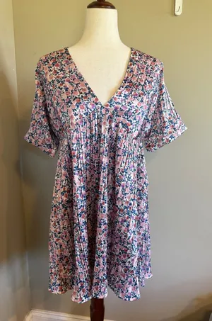 Lulus Floral Print Mini Dress V Neck Empire‎ Waist Tie Back Short Sleeve S thumbnail 1