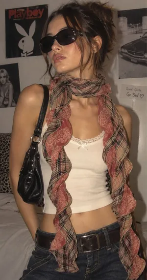Ruffle Scarf Red Plaid Paisley Boho Grunge Y2K Coquette 2000s Vintage Neck Scarf thumbnail 1
