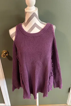 Free People Purple Waffle Knit Cold-Shoulder Sweater thumbnail 1