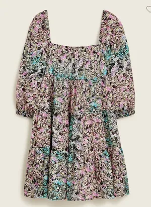 J.Crew Puff Sleeve Beach Dress‎ Watercolor Floral Tiered Mini Cotton M thumbnail 1