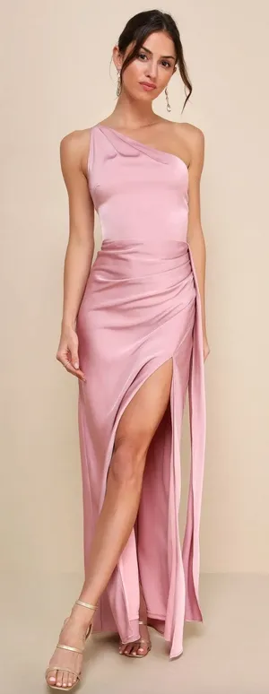 Lulus Signature Elegance Rose Satin One Shoulder Maxi Dress Formal Large NWT thumbnail 1