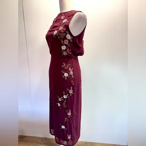 Burgundy Sleeveless Midi Dress Sequined Flowers Open Back Party Elegant Wedding thumbnail 5