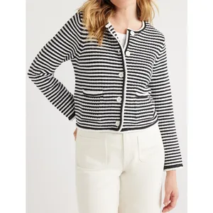 Free Assembly Womens Cardigan Size XS Black Stripe Crochet Trim Long Sleeve Soft thumbnail 2