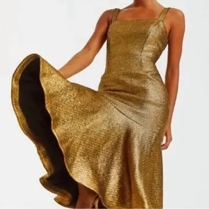 Mestiza New York Jody Metallic Gold Tweed‎ Square Neck Flutter Hem Midi Dress 2 thumbnail 1
