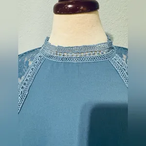 SHEIN‎ Women Blue Relaxed Fit and Flare High Neck Short Sleeves Dress Size M thumbnail 5