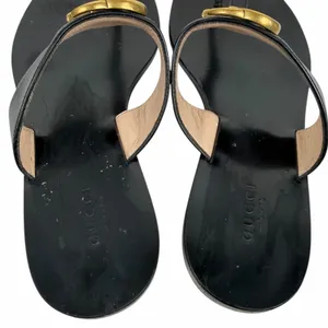 Gucci Black Leather Thong Sandal Gold Double G Logo Size 36.5 thumbnail 10