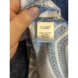 Chelsea Taylor 2X Blue Faux Denim Dress Lace Trim Ring Neck Stretch Midi Plus thumbnail 5
