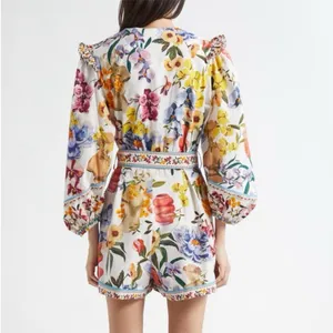 Farm Rio Greek Garden Long Sleeve Plunge Neck Cotton Romper XS thumbnail 7