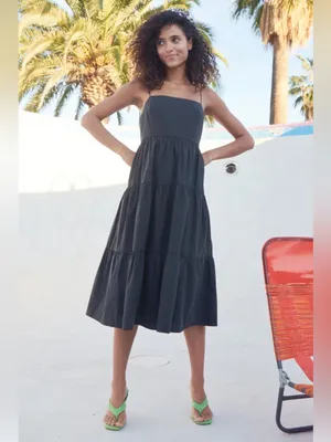 NWT RAILS Leni Dress S Black Cotton Poplin Tiered Midi Open Back Tie Back LBD thumbnail 3
