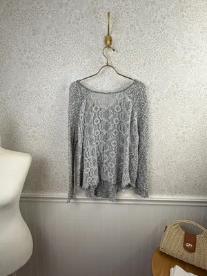 Free People Gray and Blue Poppyseed Knit Lace Pullover Sweater - Size - Small thumbnail 3