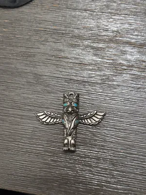 Vtg 70's MCM Stainless Steel Western Native Bird Totem Faux Turquoise Pendant thumbnail 2