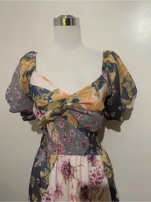 Floral Puff-Sleeve Maxi patchwork style Dress in Multi-Color thumbnail 2