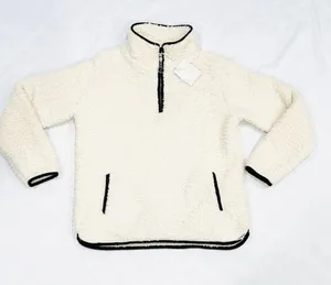 NWT Thread & Supply Cream Black Piping Quarter Zip Sherpa Pullover Sweatshirt thumbnail 1