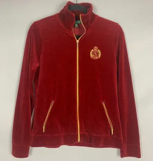 Lauren Ralph Lauren Women’s Medium Velvet Crest Zip Jacket Rich Red Glam Street thumbnail 1