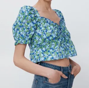 Zara Floral Peasant Ruffle Cropped Top thumbnail 6