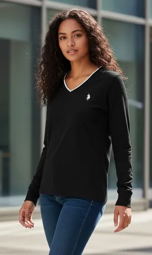 US Polo Assn Womens Black V Neck Long‎ Sleeve Classic Fit T Shirt Size XL thumbnail 1