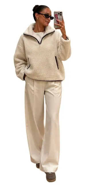 H&M Divided Teddy Fleece Pullover Medium Ivory Sherpa 1/4 Zip Cozy Jacket thumbnail 1