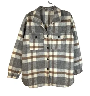 Women's Plaid Shacket Jacket Size Large.‎ Cream, Grey, Brown thumbnail 1
