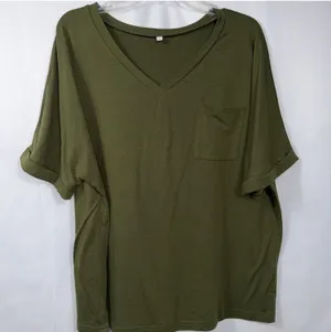 Womens XL Olive Green V Neck Pocket Tee Rolled Sleeve Stretch Casual Oversized T thumbnail 1