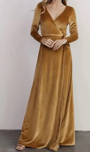 Baltic Born Sofia Velvet Wrap Maxi Dress Gold Long Sleeve V-Neck Medium thumbnail 1
