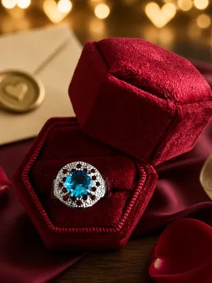 Stainless Steel Silver Blue Topaz Halo Ring with Accent Stones Size 8 thumbnail 2