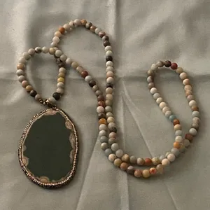 30” Necklace Multicolor Stone Beads Green Agate Crystal Stone Pendant 3” H thumbnail 1