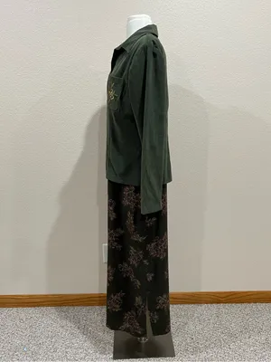 Erika Vintage 90s Two Piece Set Olive Green Floral Maxi Dress & Shacket Sz Small thumbnail 7