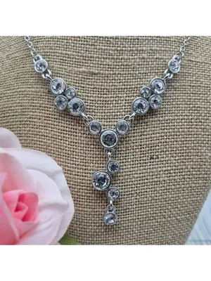 Crystal Y Drop Necklace Silver Tone Chain Formal Jewelry 19" thumbnail 3