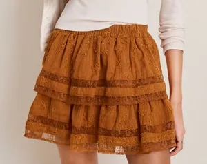 Francesca's Collections Embroidered Tiered Mini Skirt in Rust thumbnail 1