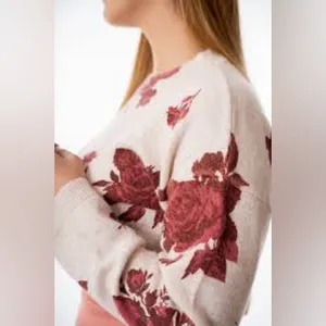 Altar’d State tan & maroon large floral puff sleeve sweater thumbnail 2
