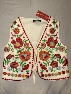 SHEIN Cream Embroidered Floral Vest with Red Trim thumbnail 1
