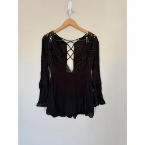 Topshop Black Crochet Lace Up Back Bell‎ Sleeve Beach Cover Up Dress US 6 thumbnail 3
