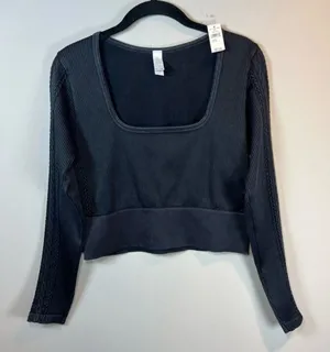 Offline By Aerie Seamless Cable Square Neck Ribbed Shirt Black Fall Sport NEW XL thumbnail 1