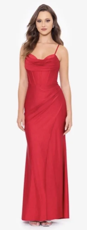 Betsy And Adam A26239 Red Satin Evening Gown Size 8 Corseted thumbnail 1