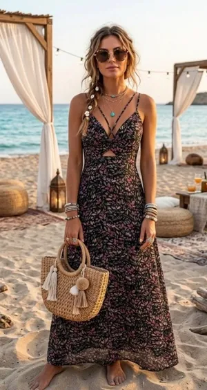 ZAFUL Women's Spaghetti Strap Floral Summer Hollow Twist Front Maxi Dresses Sexy thumbnail 1