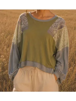 Free People We The Free Feelin It Tee Army Combo Patchwork Boho Oversize Top XS thumbnail 2
