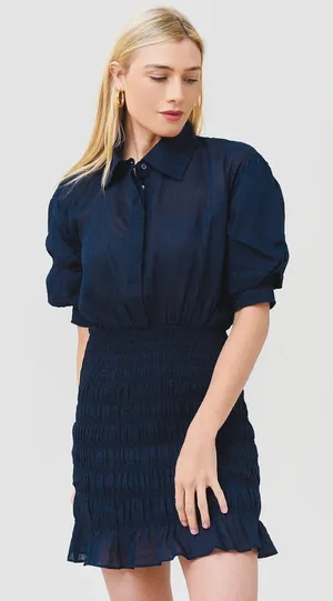 FRAME Smocked Ramie Mini Dress Navy Blue Puff Sleeve thumbnail 1