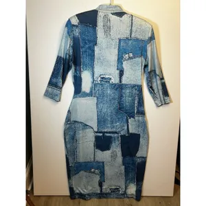 Women’s 2XL Blue Denim Patchwork Print Quarter Zip Midi Dress 3/4 Sleeves Casual thumbnail 4