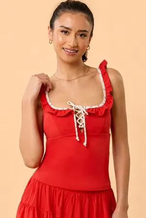Blogilates Women’s Red Solid Scoop Neck Ruffle Lace-Up Tank Top XL Regular thumbnail 1