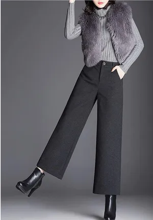 Tanming Women's Casual High Waist Trousers Wool Blend Cropped Wide Leg Pants thumbnail 2