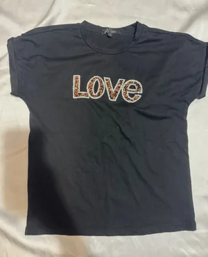 Black 'Love' Short Sleeve Tee with Leopard Print Embellishment thumbnail 1