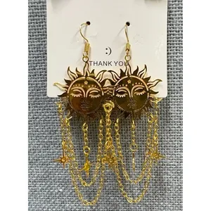 Gold Sun Face Dangle Earrings Celestial‎ Star Chain Drop Boho Jewelry new thumbnail 4