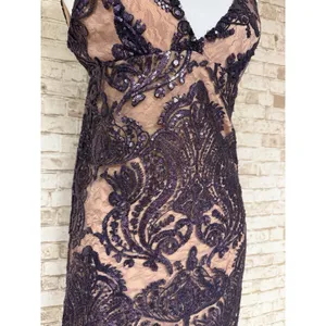 Free People Night Shimmer Sequin Mini Dress Purple Lace Nude Slip Size 0 $108.00 thumbnail 4