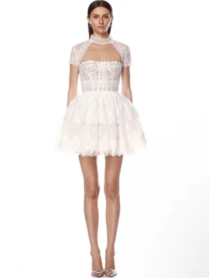 Bronx and Banco Daphne short sleeve White/ pink/ nude Lace Mini Dress S NEW thumbnail 5