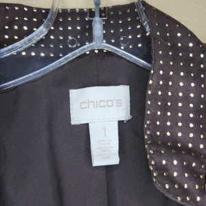 Chico's Chocolate Brown Open Front Faux Leather Lined Jacket Gold Studded Size 1 thumbnail 4
